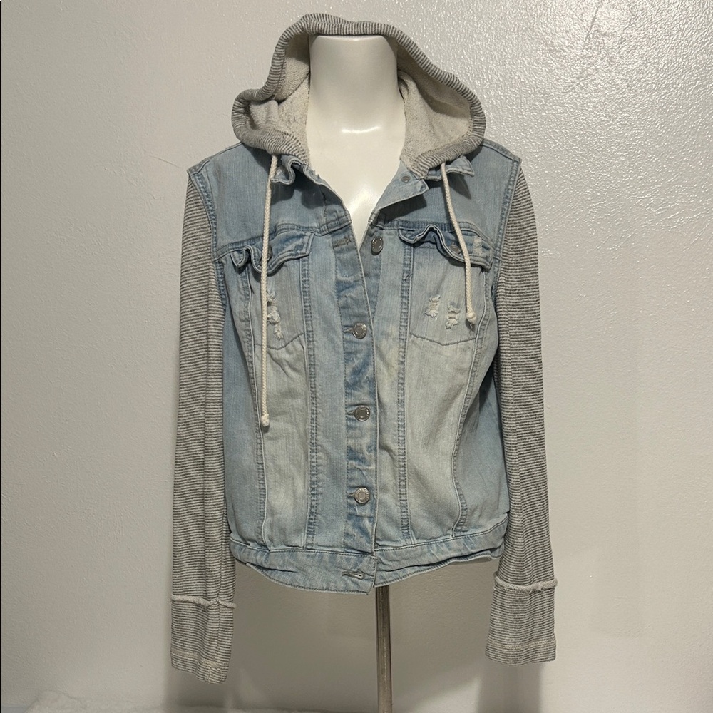 Mossimo Supply Co. Light Blue Denim Jacket with Gray Hood and Sleeves